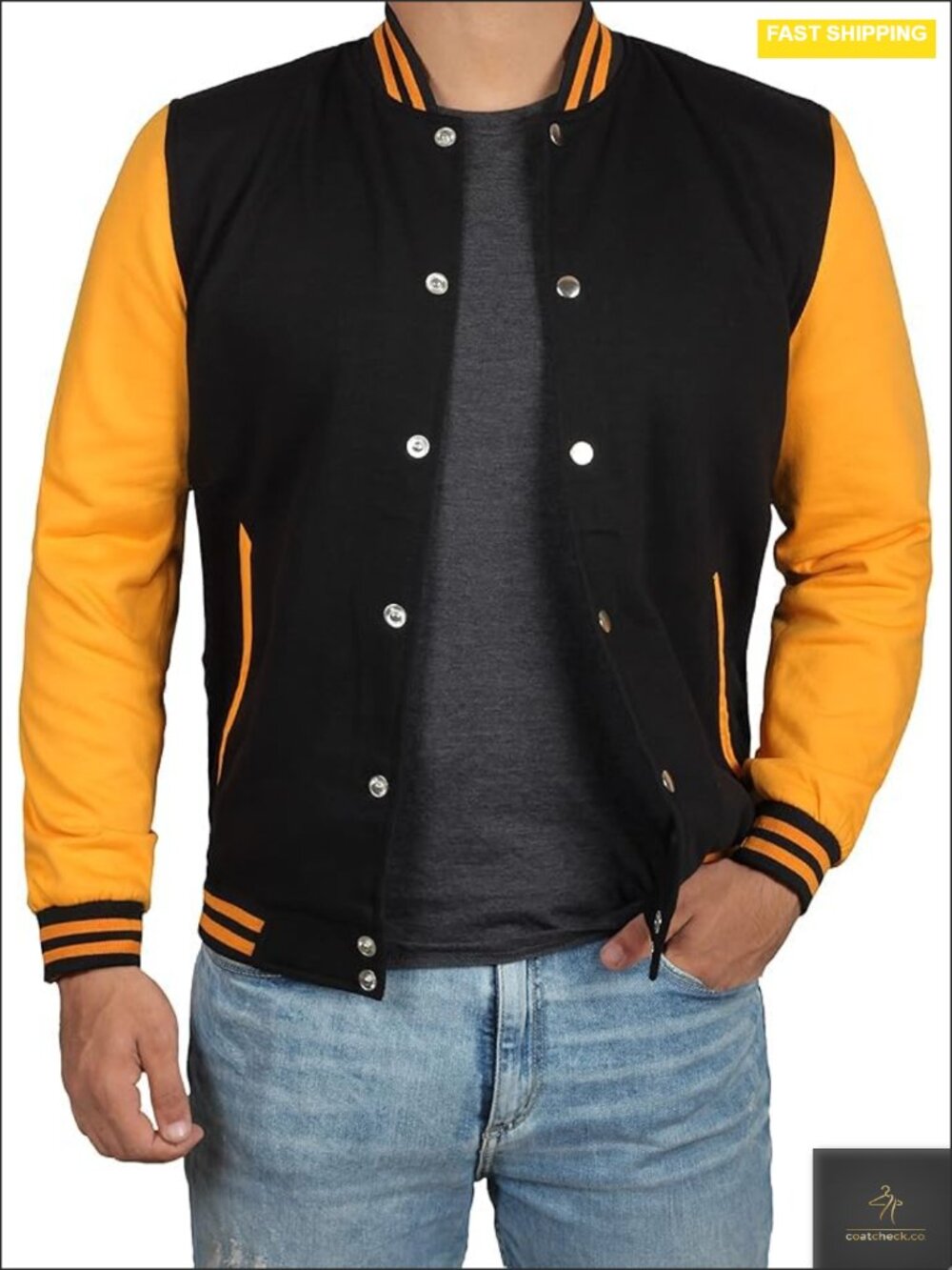 Men's Fleece Varsity Jacket, Letterman Style Baseball Bomber with Pockets